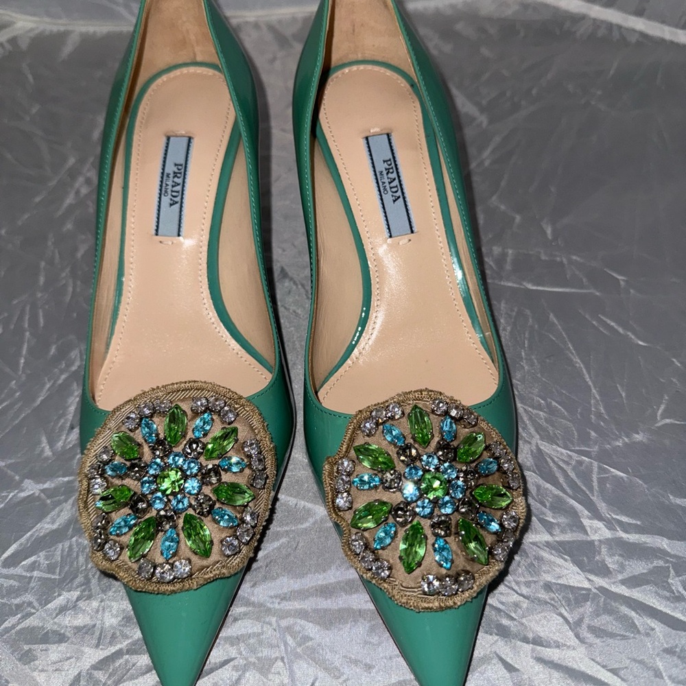 Prada Green Crystal Embellished Heels. NWOT